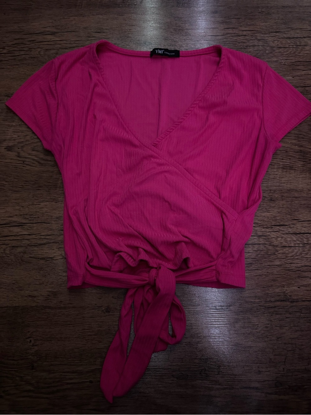 YMI Hot Pink Ribbed Tie-Front Crop Top